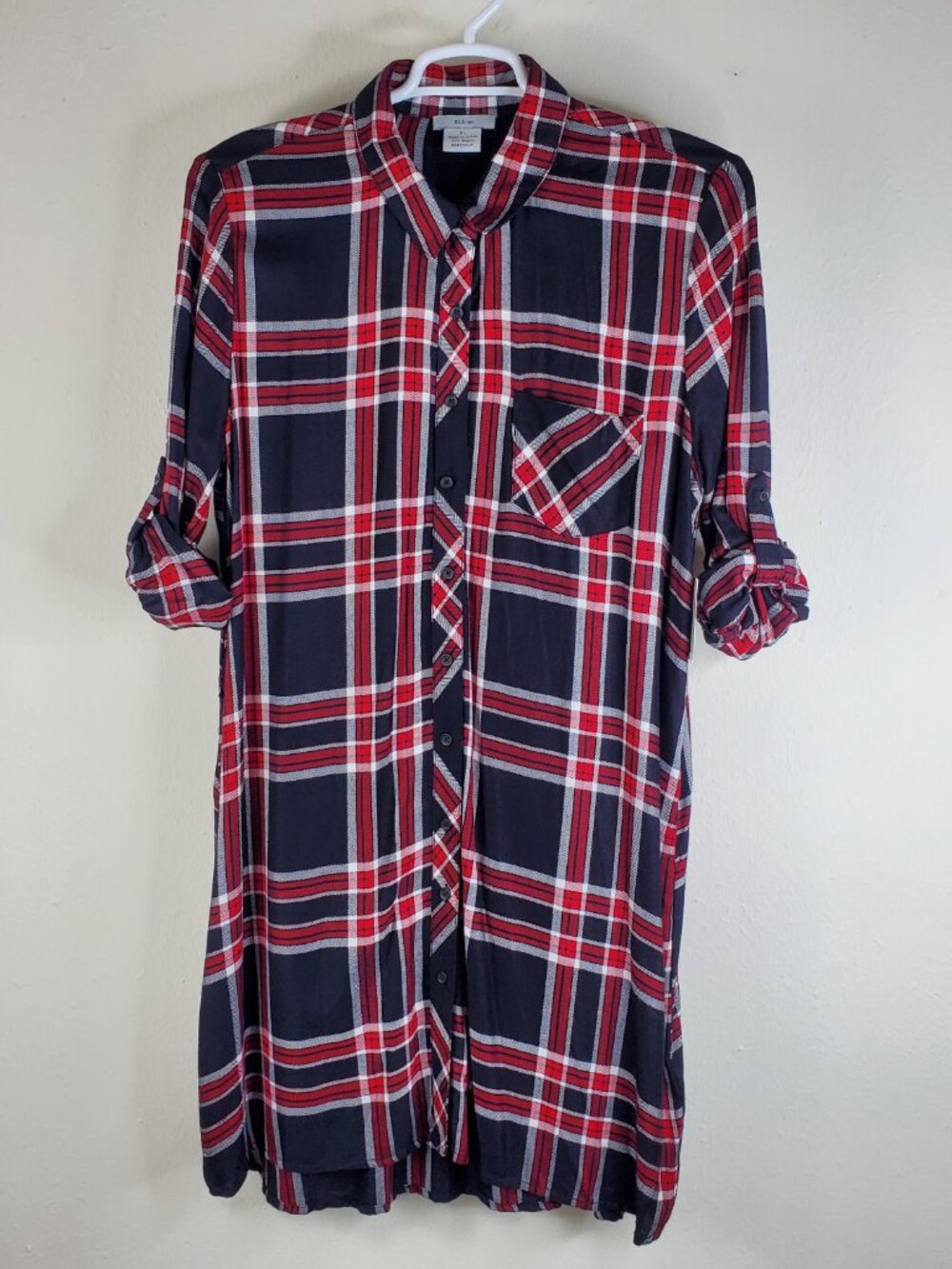 BLL NYC Women’s Red/Navy Plaid Button Down Roll Tab Sleeve Shirt Dress Size L